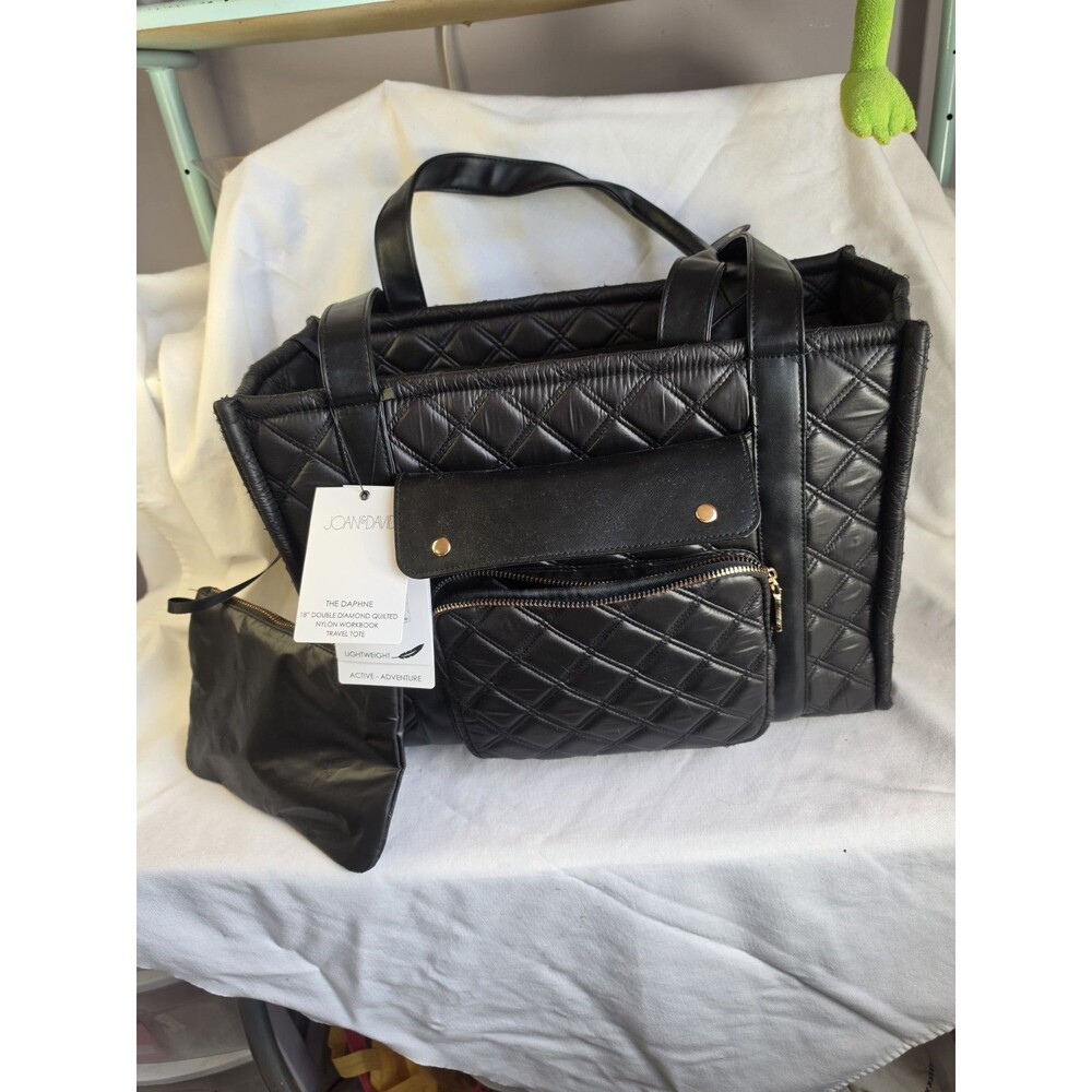 NWT Joan & David Weekender Tote Black Quilted Computer Compartments Side Pockets